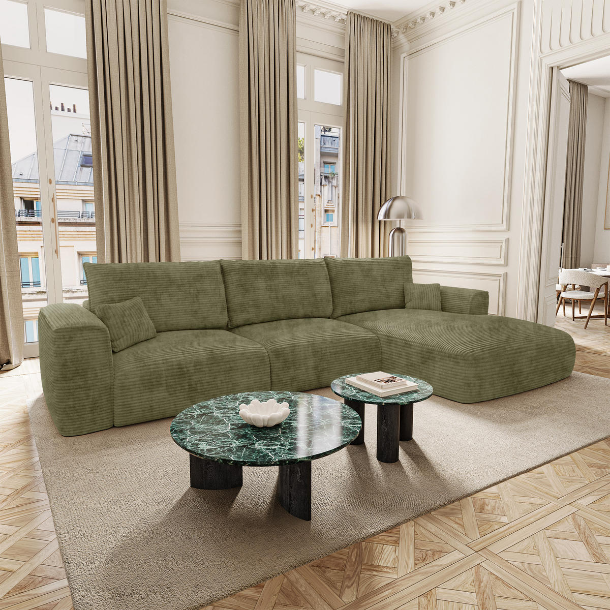 ECKSOFA rechtwinklig COMO Cord Olivgrün 300cm - Olivgrün/Grün, Textil (300/165cm) - Premium Interiors
