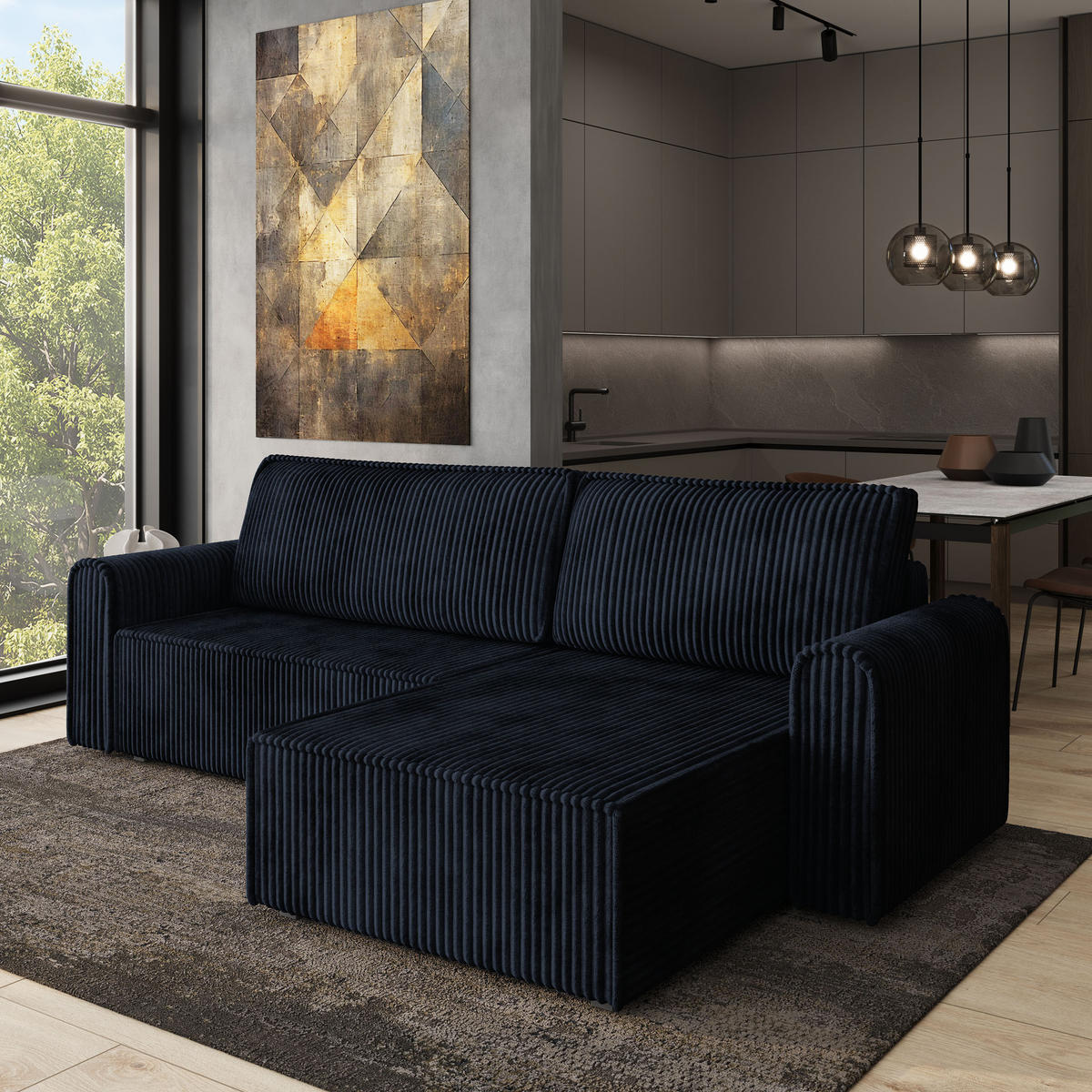 ECKSOFA VALTINO Schwarz Kordstoff mit Schlaffunktion - Schwarz, Holz (275/148cm) - MASSENO