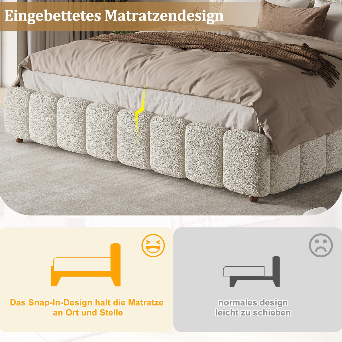 POLSTERBETT 200/200 cm mit hydraulischem Bettkasten und vertikalem Kopfteil, Bouclé, Weiß - Weiß, Textil (200/200cm) - Redom