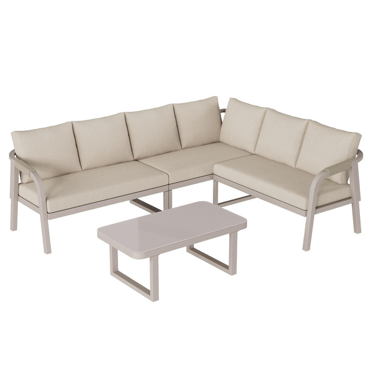 GARTENMÖBEL-SET mit Ecksofa, Couchtisch, Seilgeflecht und Glasplatte, Beige - Beige, Metall - Redom