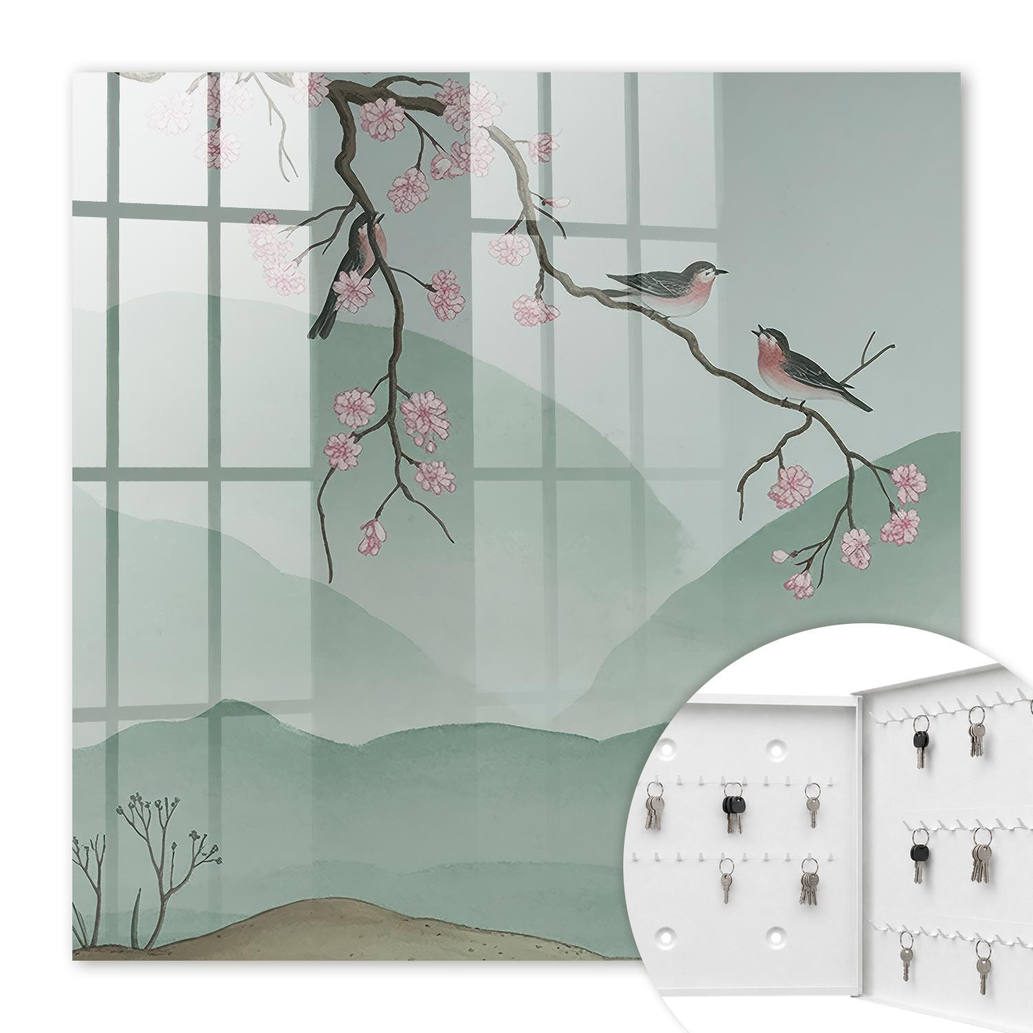 SCHLÜSSELBOX Weiß 30x30 cm – Türöffnung nach rechts - Vögel und Blumen - Grün, Metall (30/30/5cm) - TULUP