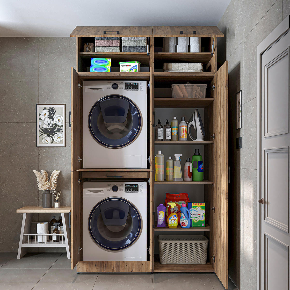 WASCHMASCHINENSCHRANK DORA-I 130cm Breit, 230cm Hoch - Eichefarben, Holzwerkstoff (130/230/73.8cm)