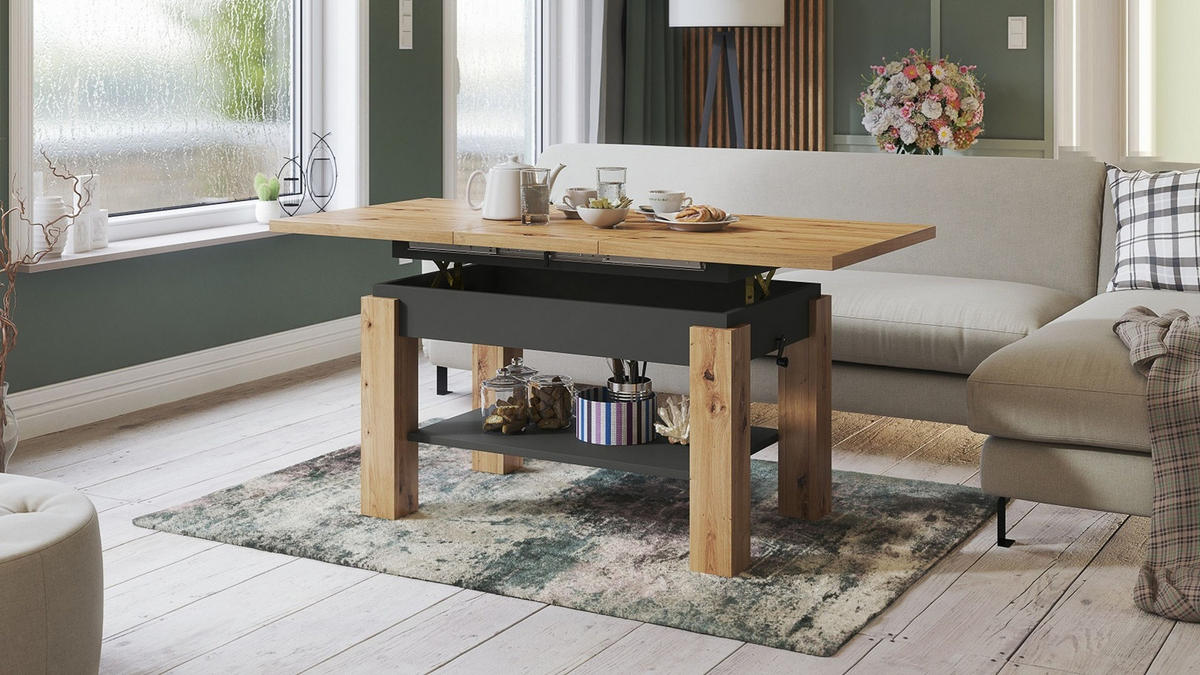 COUCHTISCH rechteckig Eiche Artisan - Anthrazit ausziehbar höhenverstellbar - Anthrazit/Eiche Artisan, Holzwerkstoff (68/110/59cm) - designimpex