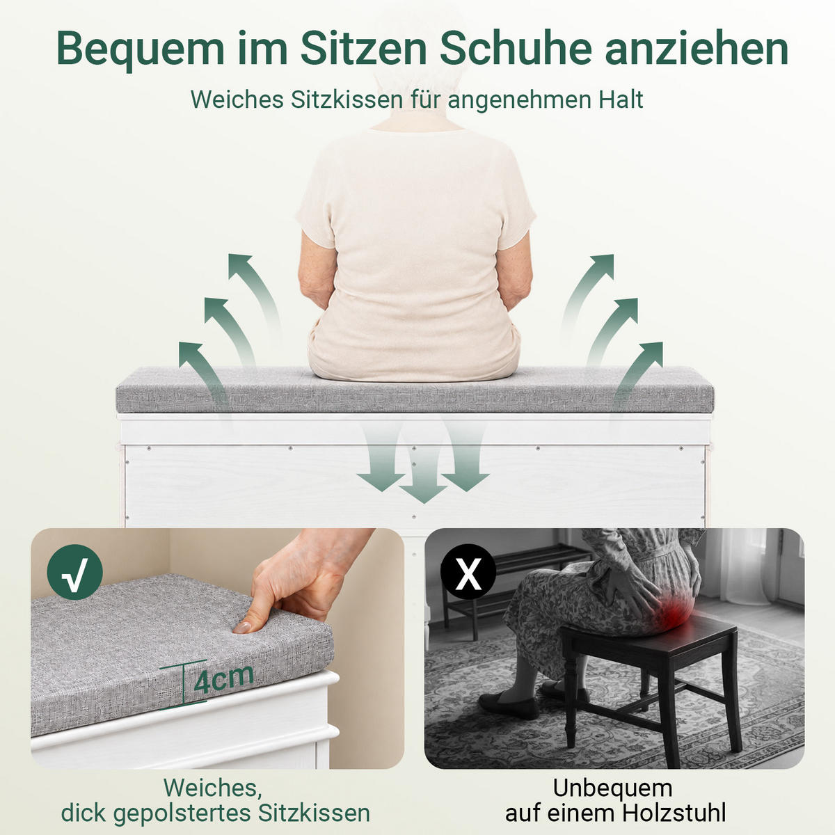 SCHUHBANK weiß, 104x52x24 cm, graues Sitzpolster, 8 Paar + Schublade, bis 150 kg - Weiß, Holzwerkstoff (104/54/24cm) - SoBuy