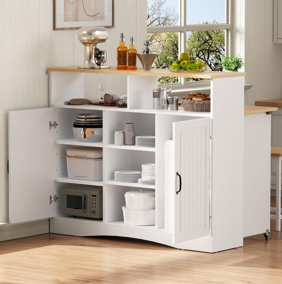 KÜCHENINSEL 110/34-68/97,5 cm weiß mit klappbarer Arbeitsplatte auf Rollen - Weiß, Holzwerkstoff (110/97.5/68cm) - OKWISH
