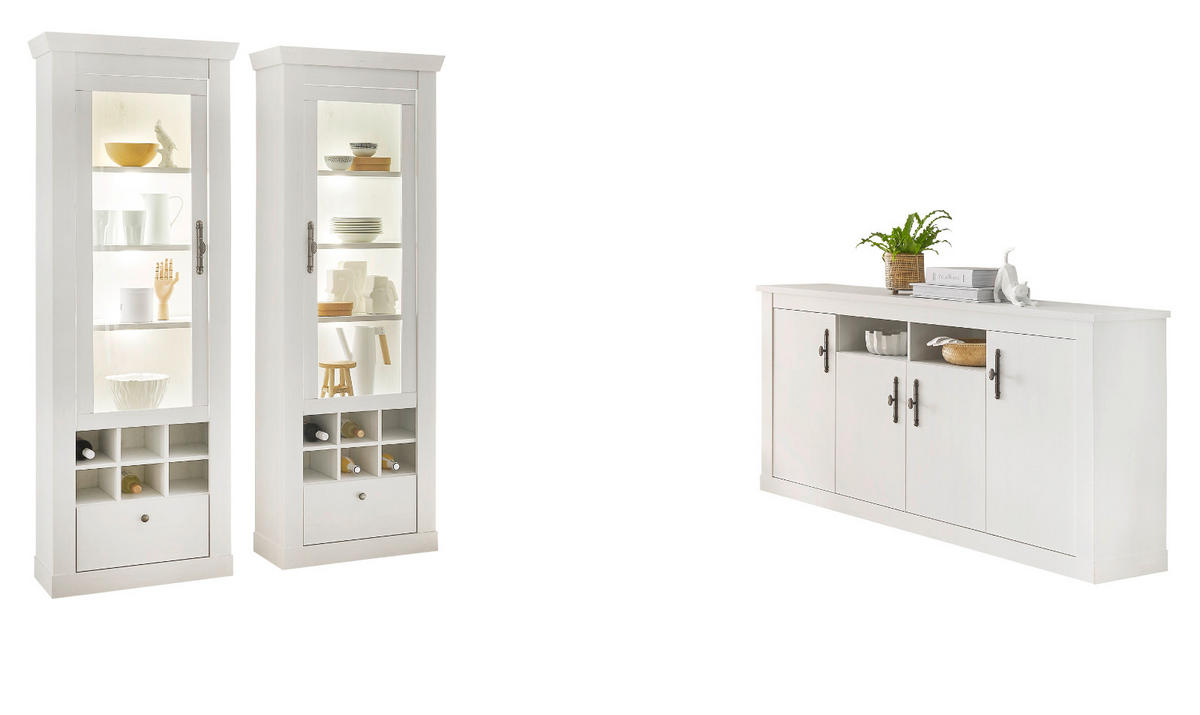 ESSZIMMER-SET Esszimmer Set 3-teilig weiß Pinie Landhaus, Soft-Close-Funktion - Silberfarben/Weiß, Glas/Holzwerkstoff (364/201/45cm) - Furn.Design