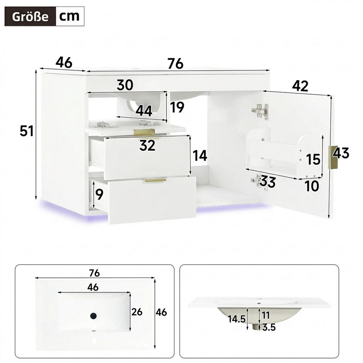 WASCHTISCHKOMBI 76/46/51 cm Weiß mit LED und App, Ohne Wasserhahn - Weiß, Holz/Holzwerkstoff (46/51/76cm) - Oxeza