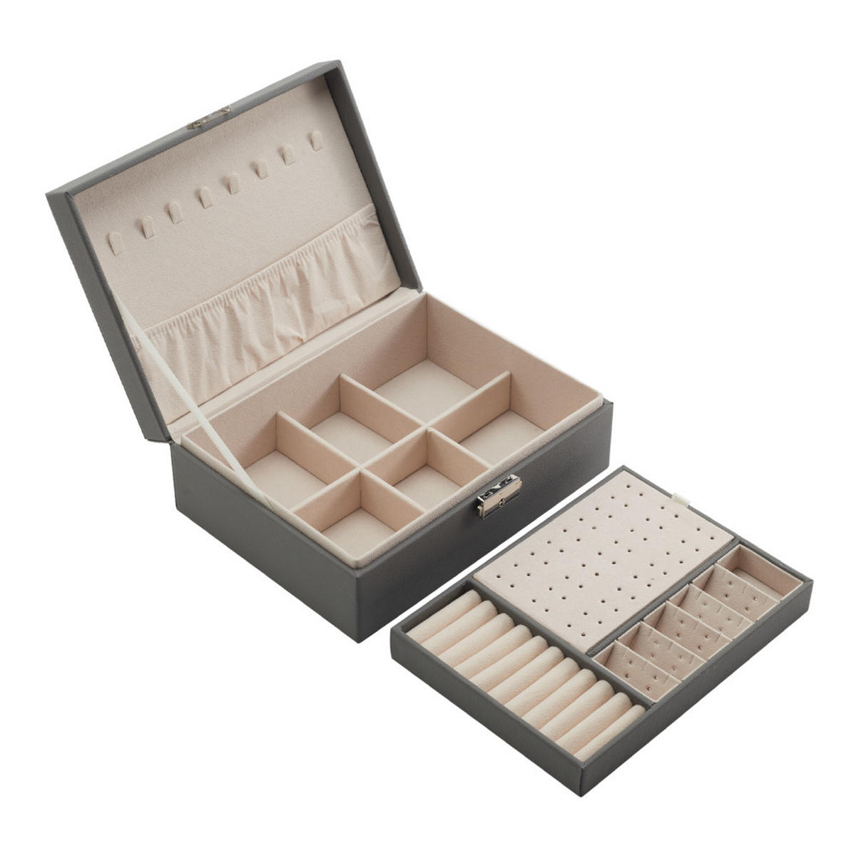 SCHMUCKKÄSTCHEN 23/17/9 cm Zweistöckig Schloss PU-Leder Samtfutter Grau - Grau, Leder/Textil (23/9/17cm) - Livingandhome