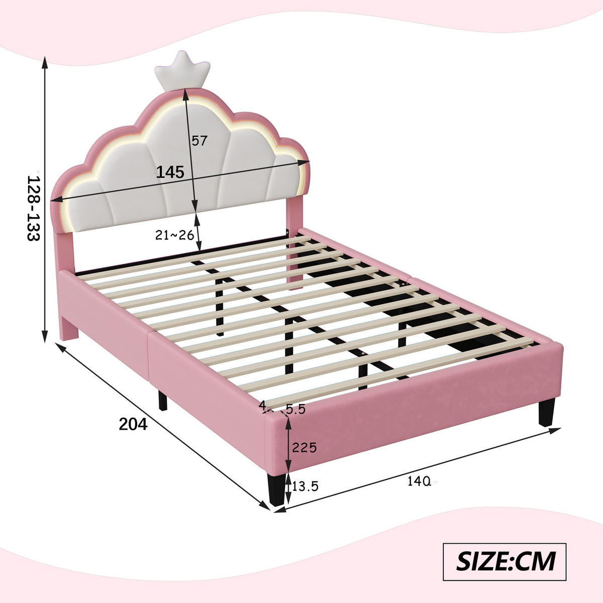 POLSTERBETT 140x200, Prinzessinnenbett mit Kopfteil und Lattenrost, LED, Samt, Rosa - Rosa, Holz/Textil (140/200cm) - GENKI LIVING