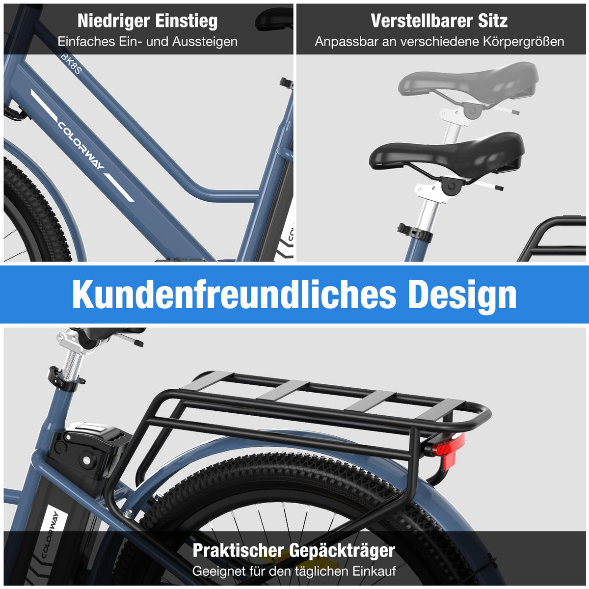 ELEKTROFAHRRAD BK8SL 27,5 Zoll mit LCD-Display ,maximale Reichweite 100 km - Blau, Metall (76cm) - COLORWAY