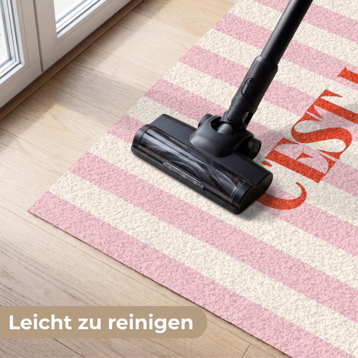 FUSSMATTE Zartrosa – Rot – Streifen – C'est La Vie 120x80 cm - Rosa, Kunststoff (120/0.4cm) - MuchoWow