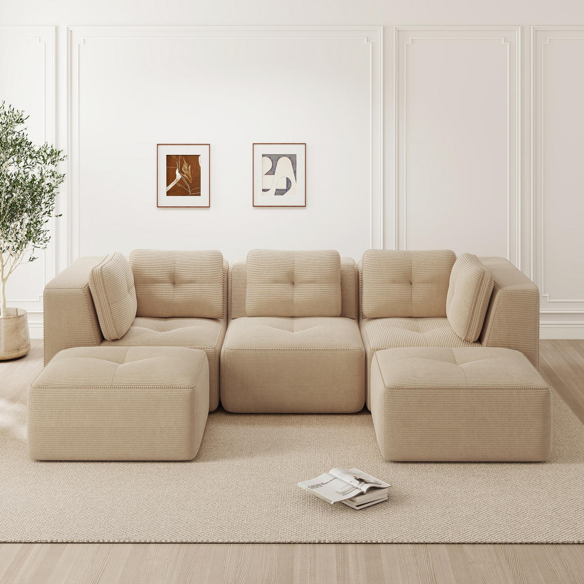 ECKSOFA 297/177/69 cm beige aus Cord mit modularem Aufbau und tiefer Sitzfläche - Beige, Textil (177/297cm) - OKWISH