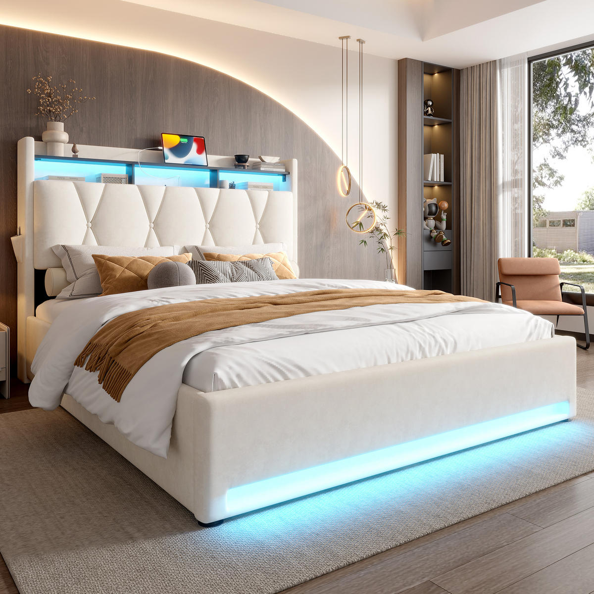 POLSTERBETT 160/200 cm in Beige Samt mit Bettkasten, LED und USB, Type-C - Beige, Holzwerkstoff/Textil (160/200cm) - WISHDOR