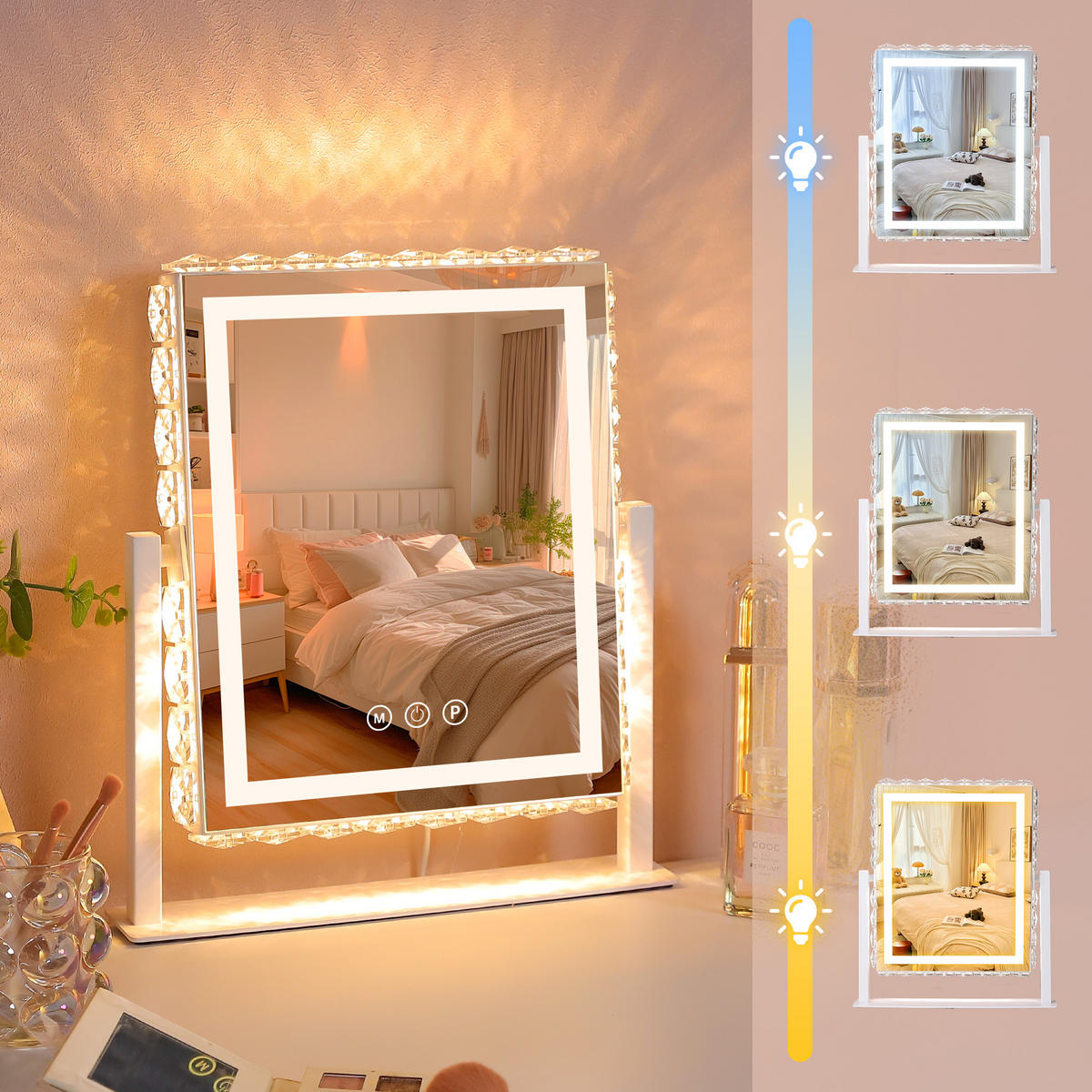 SCHMINKSPIEGEL mit LED Lichtleiste, rundum mit Strasssteinen besetzt, weiß, 25/30 cm - Weiß, Metall (25/30/3cm) - VANITII