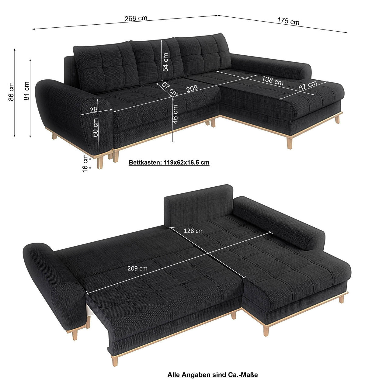 ECKSOFA im Scandi-Stil, Schlaffunktion, Bettkasten B268/T175/H86 cm, Ottomane rechts, Liegefl. 128x209 cm, Bouclé Chenille Stoff in Anthrazit / 21011 - Eichefarben/Anthrazit, Holz/Textil (268/175cm) - luma-home