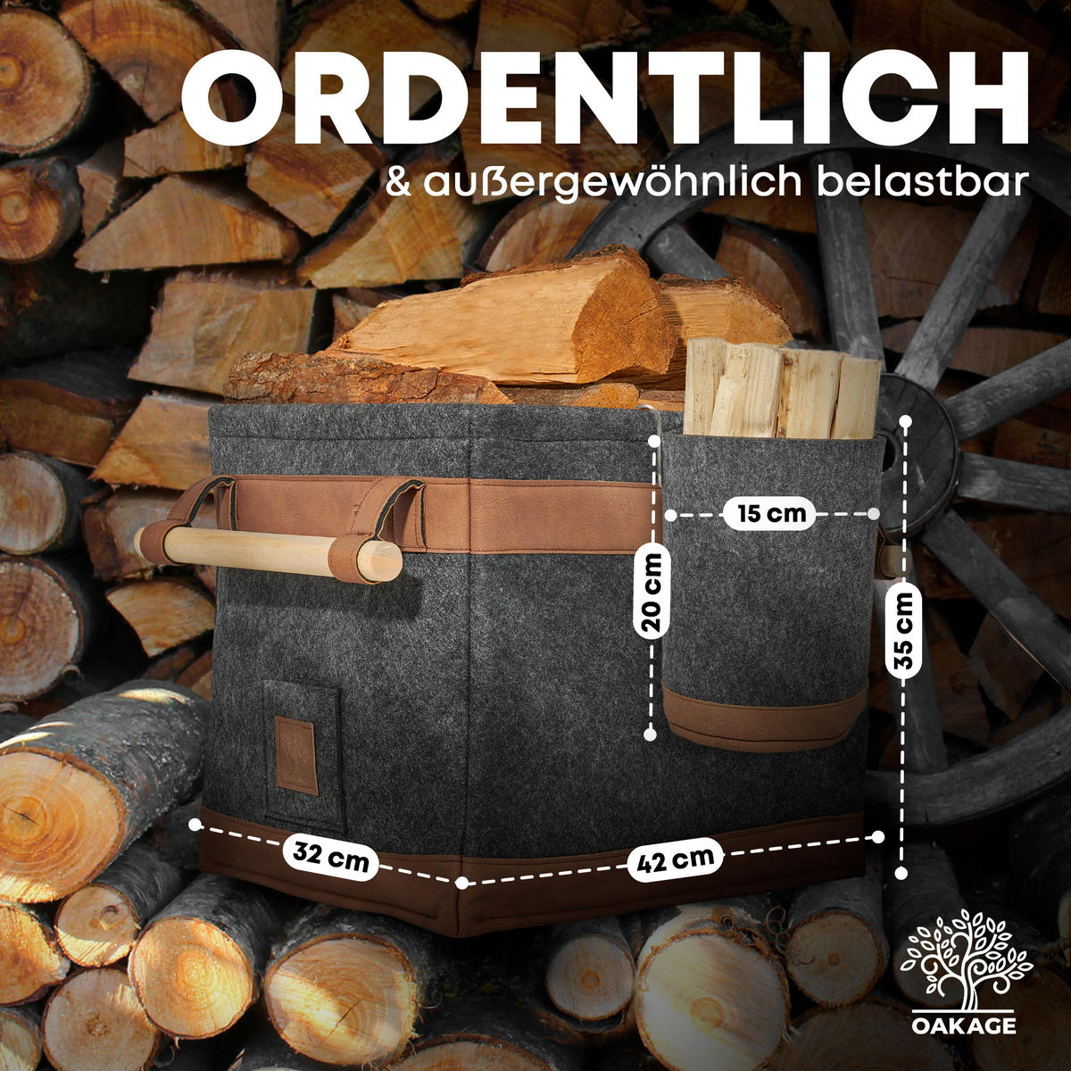 KAMINHOLZKORB FireMaster Duo 2er-Set Filz mit einhängbarem Zündholzkorb 42/32/35 cm - Dunkelgrau, Textil (32/35/42cm) - OAKAGE