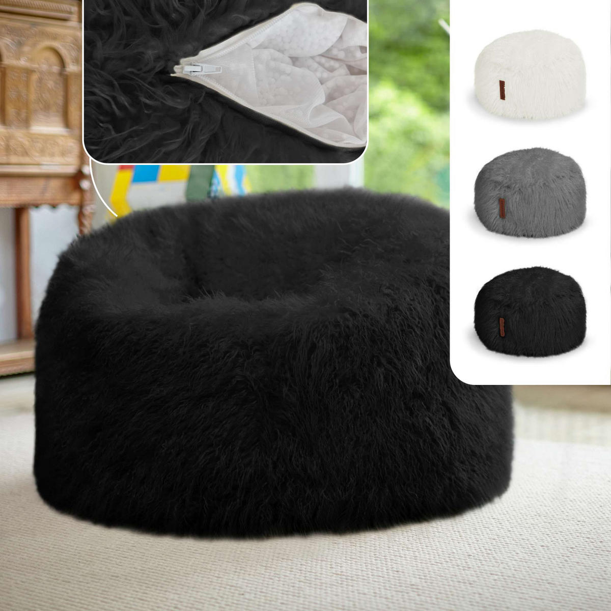 FELL SITZSACK-Hocker Pouf XXL 100x55cm - Schwarz, Textil (100/55/55cm) - Green Bean