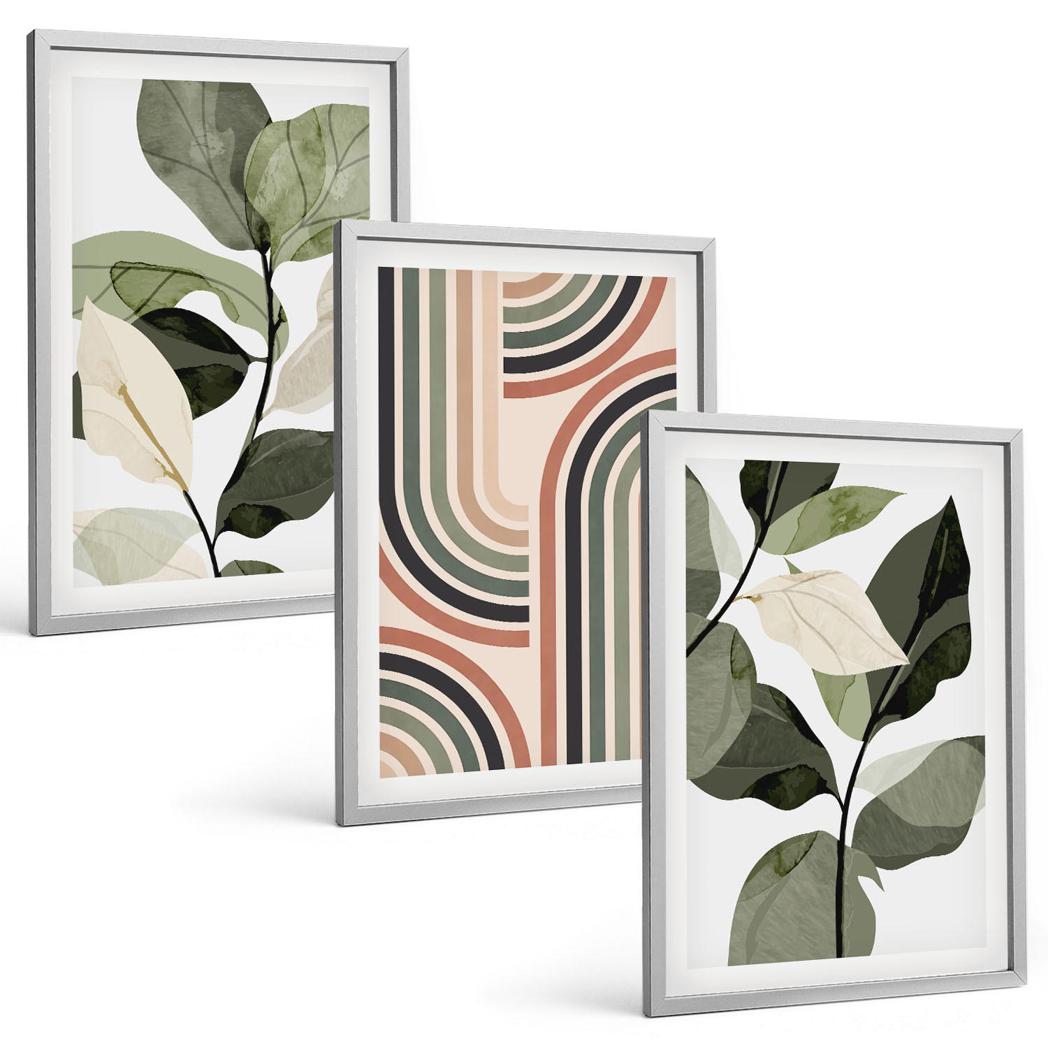 BILDER SET 3er Set - 40x60 cm Silberner Rahmen - Geometrische Pflanzenmotive - Silberfarben, Kunststoff (40/60cm) - TULUP