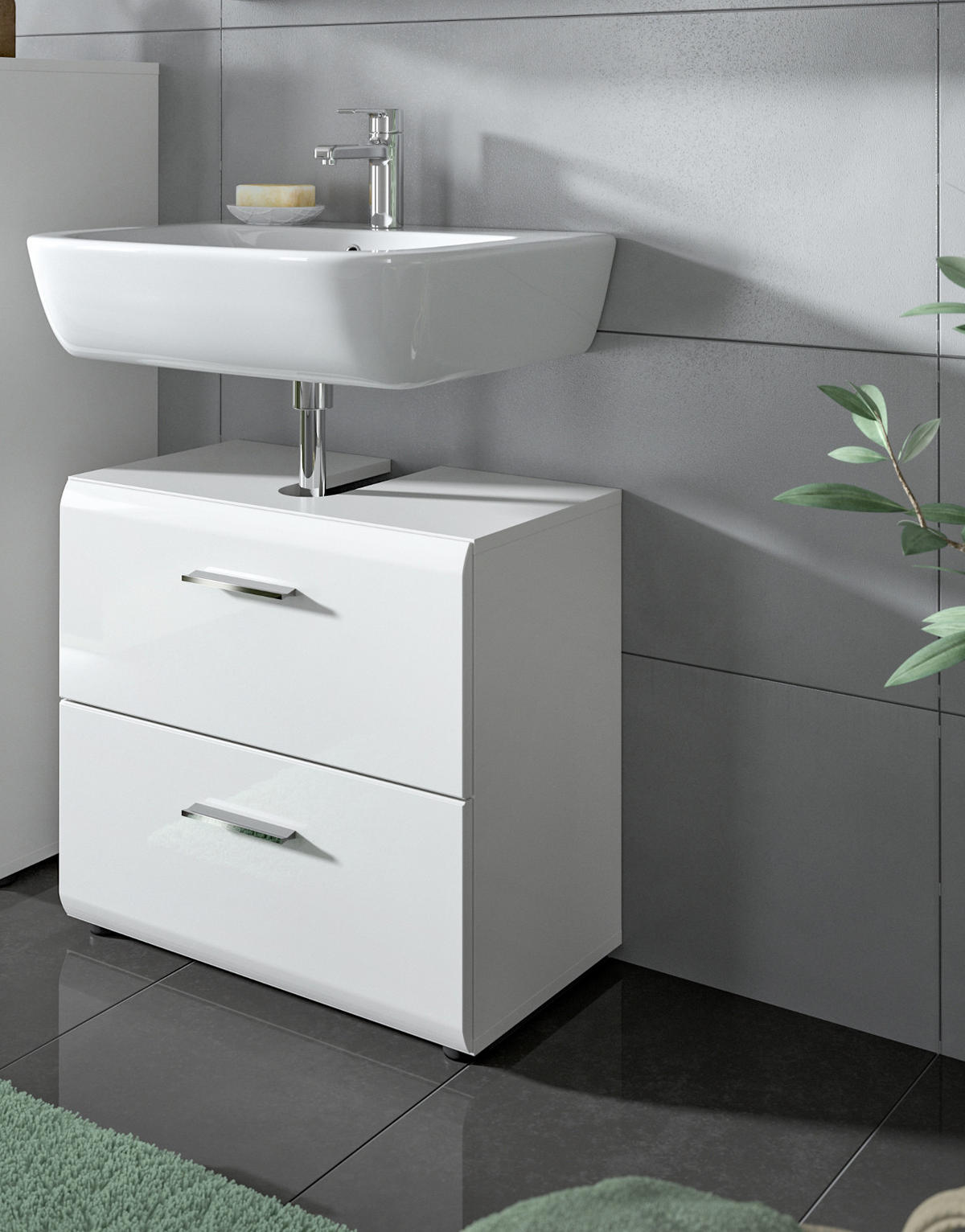 WASCHBECKENUNTERSCHRANK weiß Hochglanz, Badezimmer Unterschrank 60 cm - Weiß Hochglanz/Schwarz, Holzwerkstoff/Kunststoff (60/54/30cm) - Inn.Furn