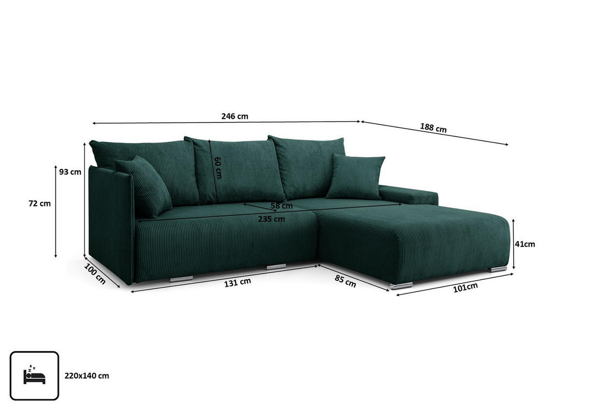 ECKSOFA L-Form Schlaffunktion Livorno Cord-Stoff Grün Rechts - Chromfarben/Schwarz, Holz/Kunststoff (246/188cm) - Kaiser Möbel