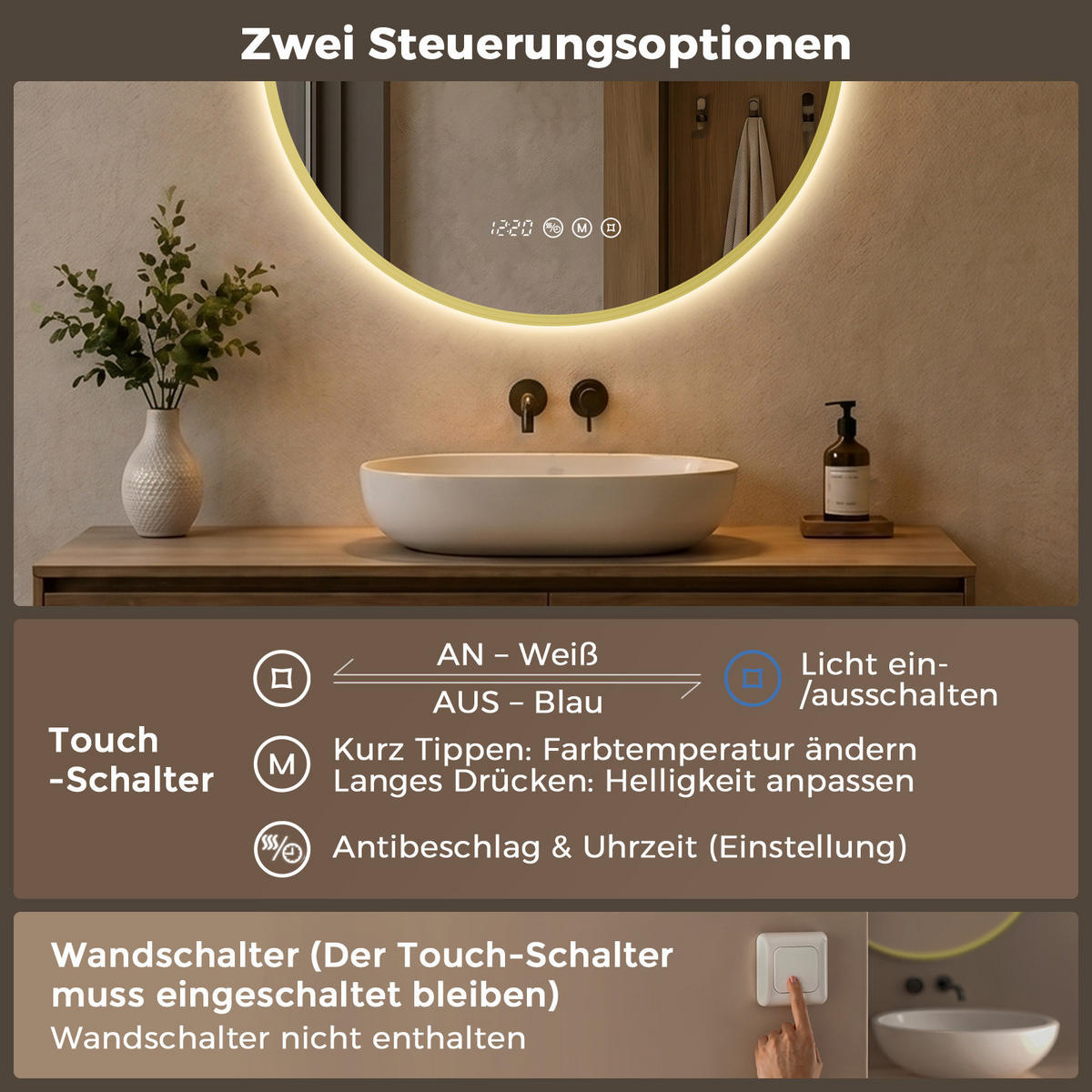 BADSPIEGEL mit Beleuchtung 70 cm rund gold mit Aluminiumrahmen, LED dimmbar und Antibeschlag - Goldfarben, Glas (70/70/3.3cm) - S'AFIELINA