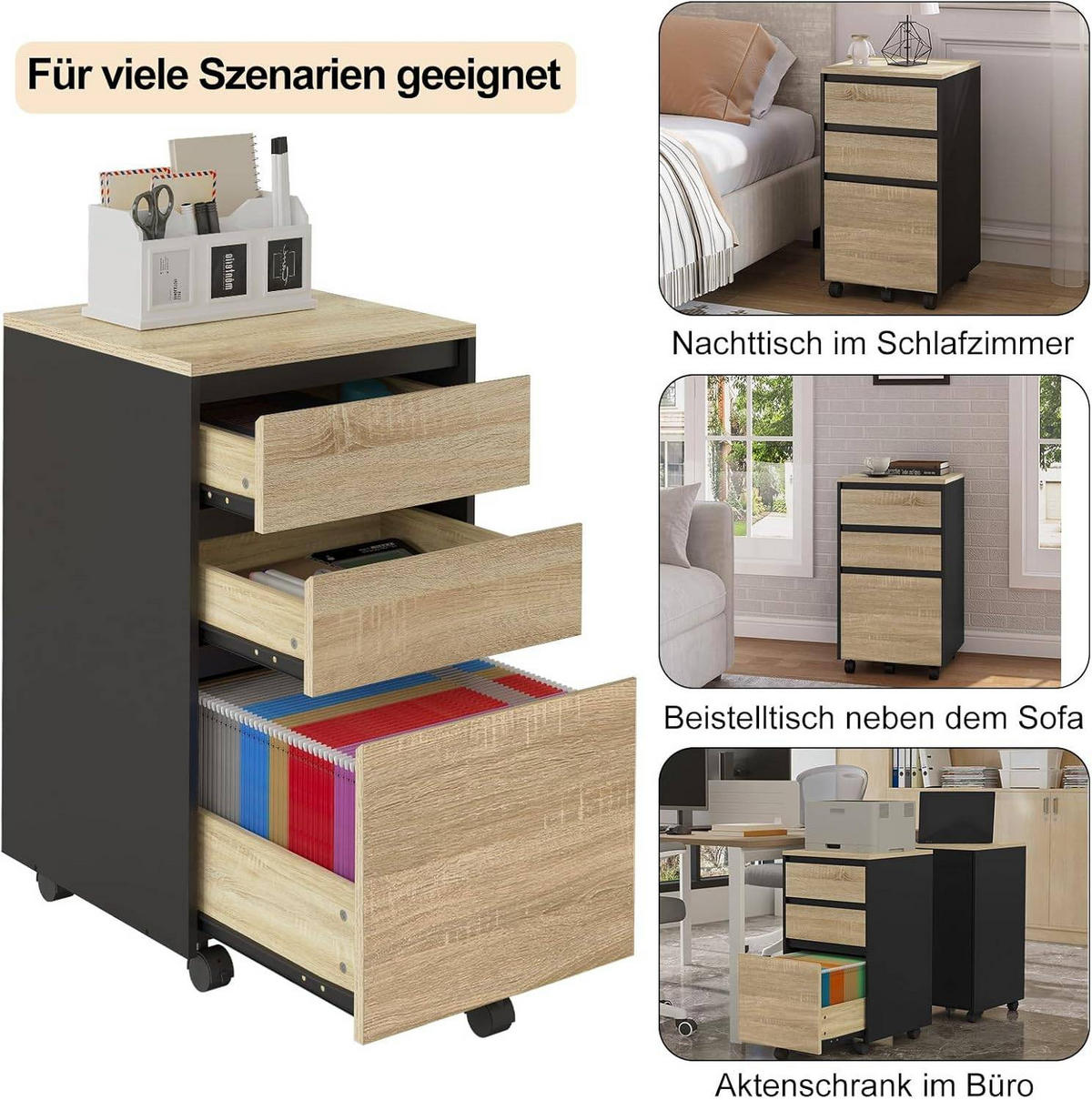 ROLLCONTAINER, Aktenschrank, 40x70x40 cm, Helle Eiche + Schwarz - Eichefarben, Holzwerkstoff (40/70/40cm) - Woltu