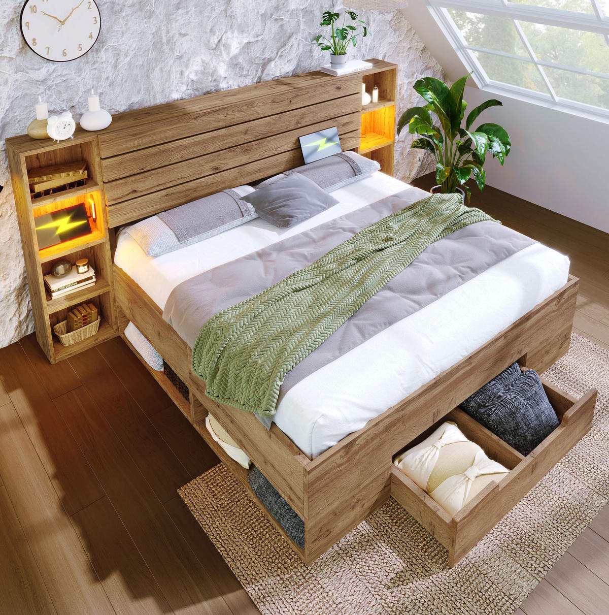POLSTERBETT 160/200 cm in Eiche mit LED-Beleuchtung, Stauraum und USB- und Type-C-Anschlüssen - Eichefarben, Metall (160/200cm) - Flora Grace