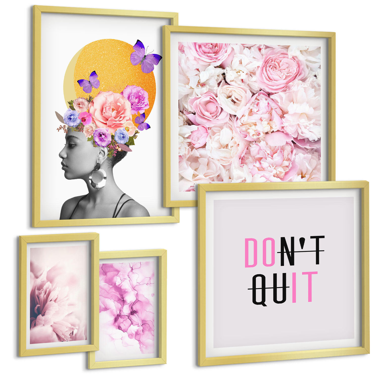 BILDER SET 5er Set - 50x50 cm & 20x30 cm & 40x60 cm Goldrahmen - Abstraktes Blumenporträt einer Frau - Goldfarben, Kunststoff (40/60cm) - TULUP