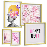 BILDER SET 5er Set - 50x50 cm & 20x30 cm & 40x60 cm Goldrahmen - Abstraktes Blumenporträt einer Frau - Goldfarben, Kunststoff (40/60cm) - TULUP