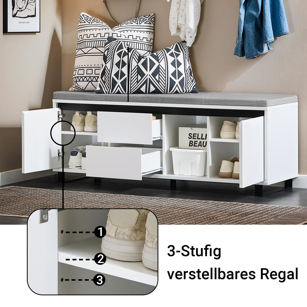 SCHUHBANK Weiß - Weiß, Holzwerkstoff/Metall (110/42/35cm) - SoBuy
