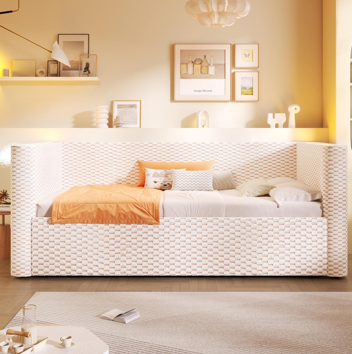 BETT 90/200 cm aus Samt in Beige mit LED-Beleuchtung und Stauraum - Beige, Textil (90/200cm) - Flora Grace