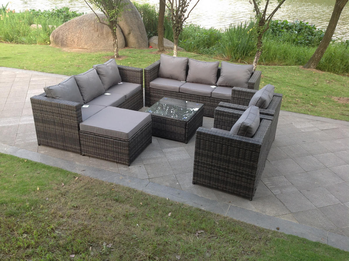 GARTENMÖBELSET mit Couchtisch Polyrattan 9-Sitzer - Dunkelgrau/Grau, Glas/Kunststoff - Fimous