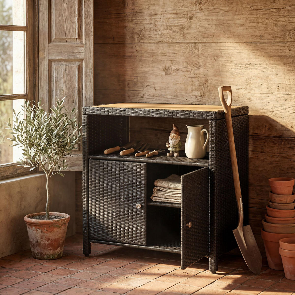 GARTENSCHRANK Monscia, höhenverstellbare Füße, 90 x 55,5 x 87 cm, schwarz - Schwarz, Kunststoff (90/97/55.5cm) - tectake