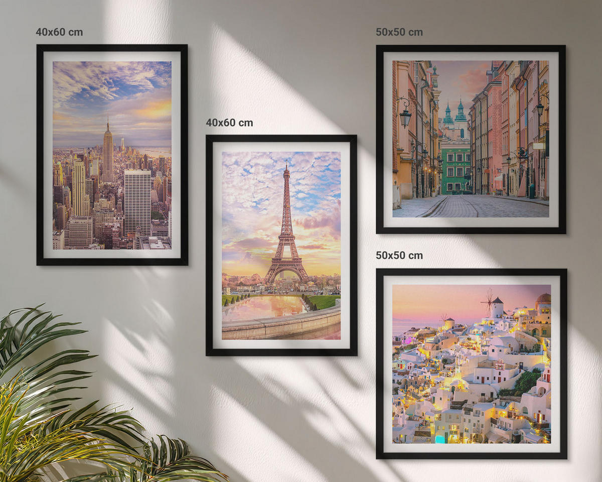 WANDBILDER 4er-Set - 50x50 cm & 40x60 cm Schwarzer Rahmen - New York Paris Oia Warschau Dämmerung - Schwarz, Kunststoff (50/50cm) - ArtPrintCave