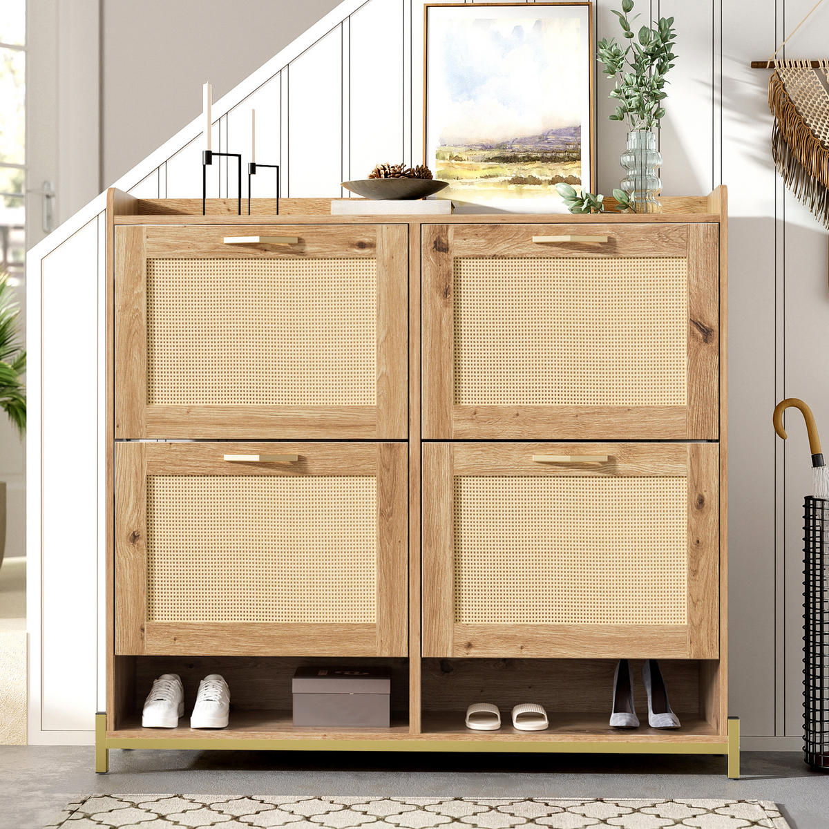 SCHUHSCHRANK in Naturfarben Schuhkommode mit Rattantüren, 4 Türen, Metallrahmen und oberem Regal für Flur , B108.5/T24/H100cm - Goldfarben/Naturfarben, Holzwerkstoff/Metall (105/100/24cm) - STILVORA