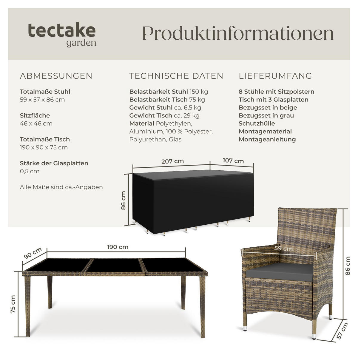 RATTAN-SITZGRUPPE aus Aluminium Menorca, inklusive Schutzhülle, natur - Naturfarben, Kunststoff - tectake