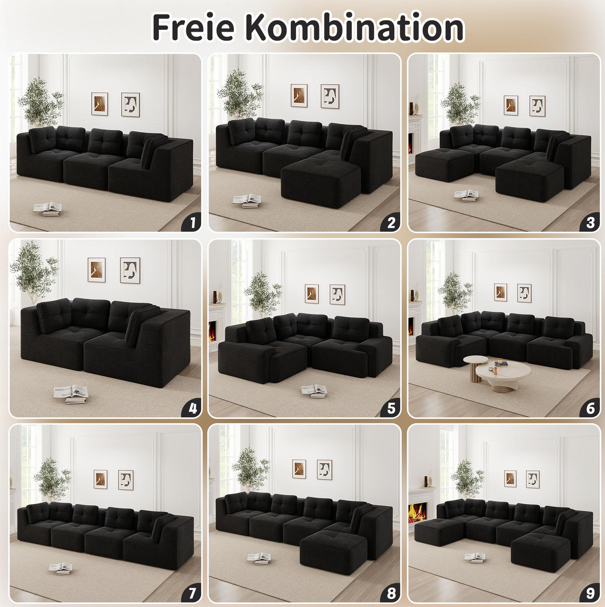 ECKSOFA aus Cord mit modularem Design Schwarz - Schwarz, Textil (104/177cm) - Modenvie