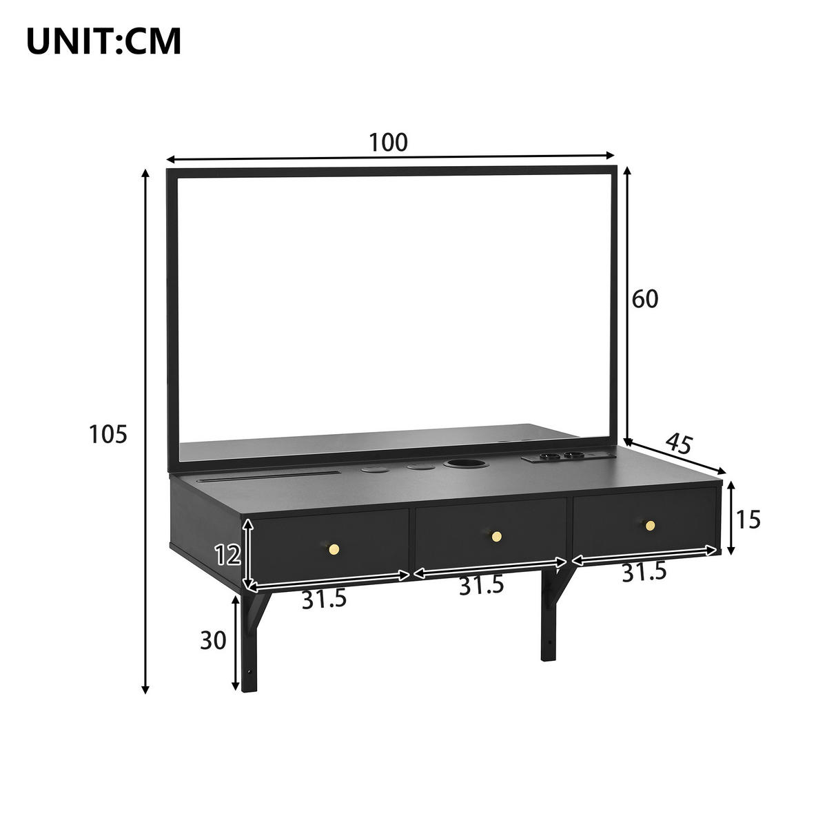 SCHMINKTISCH 100/45/105 cm mit Spiegel, 3 Schubladen, Steckdosenleiste und Getränkehalter, Schwarz - Schwarz, Holzwerkstoff (45/105/100cm) - Redom