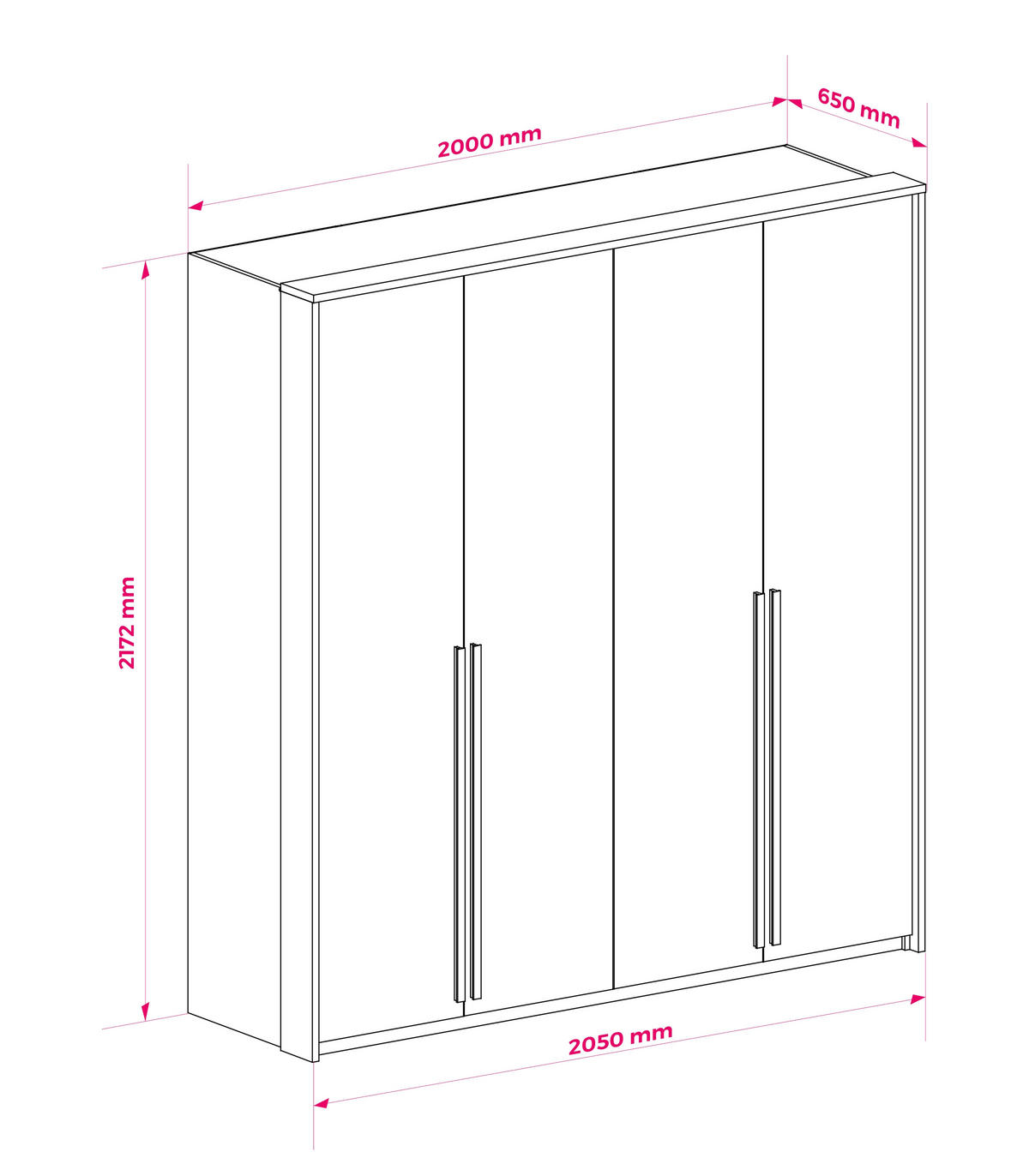 KLEIDERSCHRANK: Weiß / Griffe Silber, 210 x 65 x 217,2 cm - Silberfarben/Weiß, Holzwerkstoff (210/217.2/65cm) - 3XE LIVING