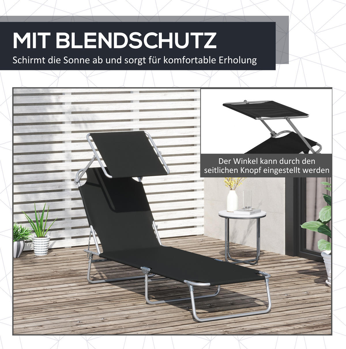 SONNENLIEGE aus Metall 187x58x36 cm in Schwarz mit verstellbarem Sonnendach - Schwarz, Metall (58/36/187cm) - Modfu
