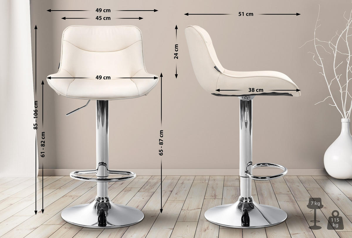 BARHOCKER 2er Set Lederlook creme - Chromfarben/Creme, Textil/Metall (49/85/51cm) - CLP