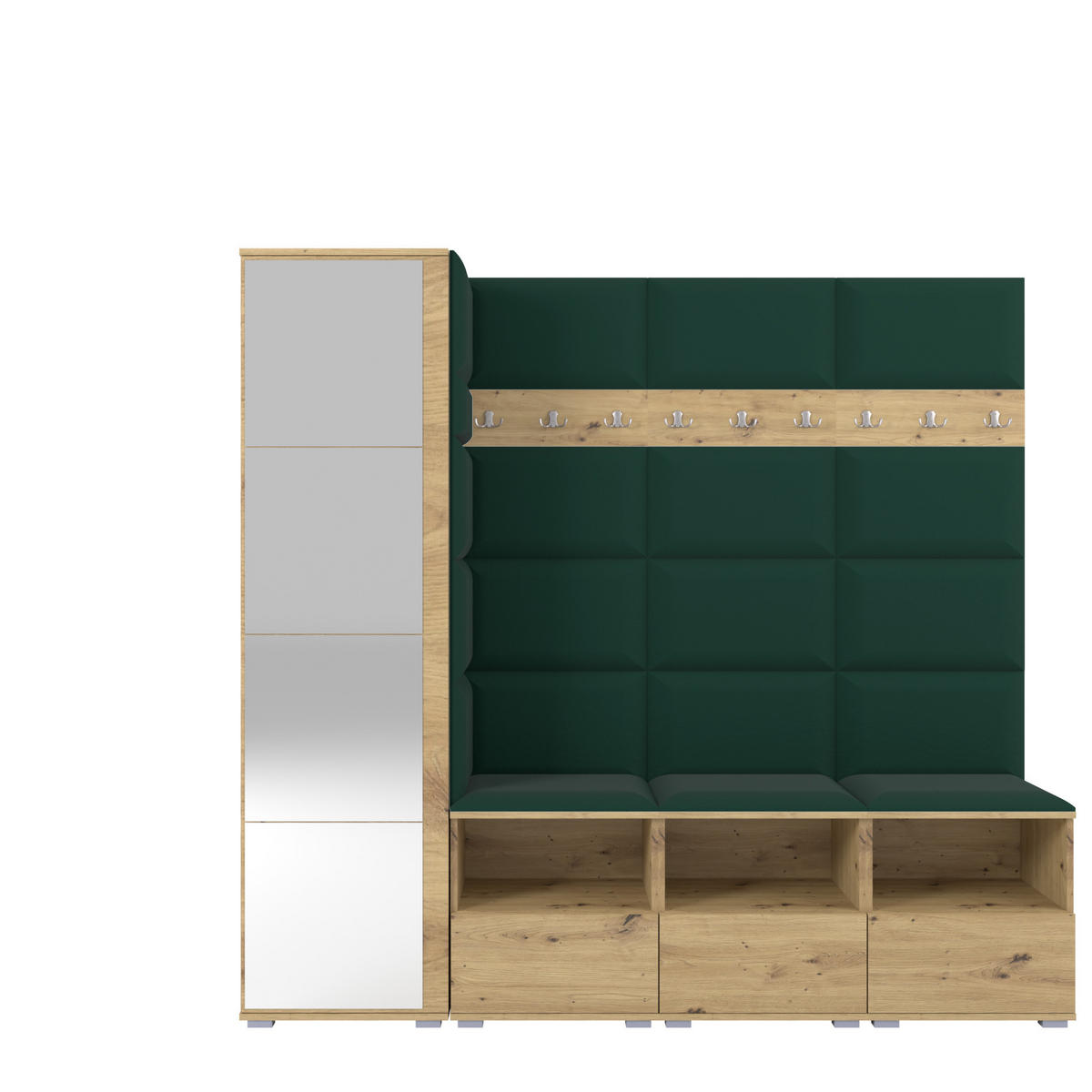 GARDEROBE NELA IX 200 cm (Modulare Flurmöbel Artisan Eiche mit Spiegel & Sitzpolster Flaschengrün 28 Breite Sitzbank) - Dunkelgrün/Silberfarben, Holz/Holzwerkstoff (200/187/40cm) - Ravio
