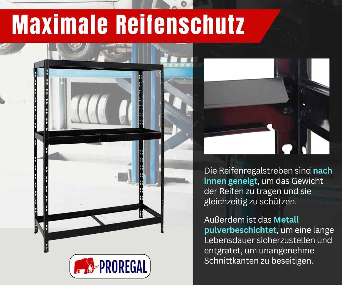 REIFENREGAL Tiger 180x130x50 cm bis zu 12 Reifen auf 2 Ebenen + Ablage Schwarz - Schwarz, Metall (130/180/50cm) - PROREGAL
