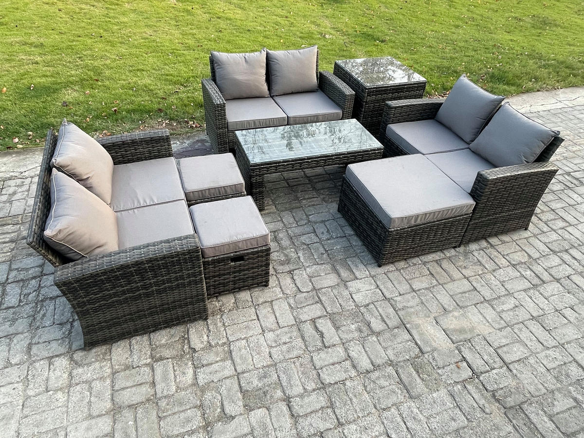 GARTENMÖBEL SET MIT COUCHTISCH DOPPELSITZ-SOFA 3 HOCKER BEISTELLTISCH Polyrattan Dunkelgrau Gemischt 9-Sitzer - Dunkelgrau, Metall - Fimous