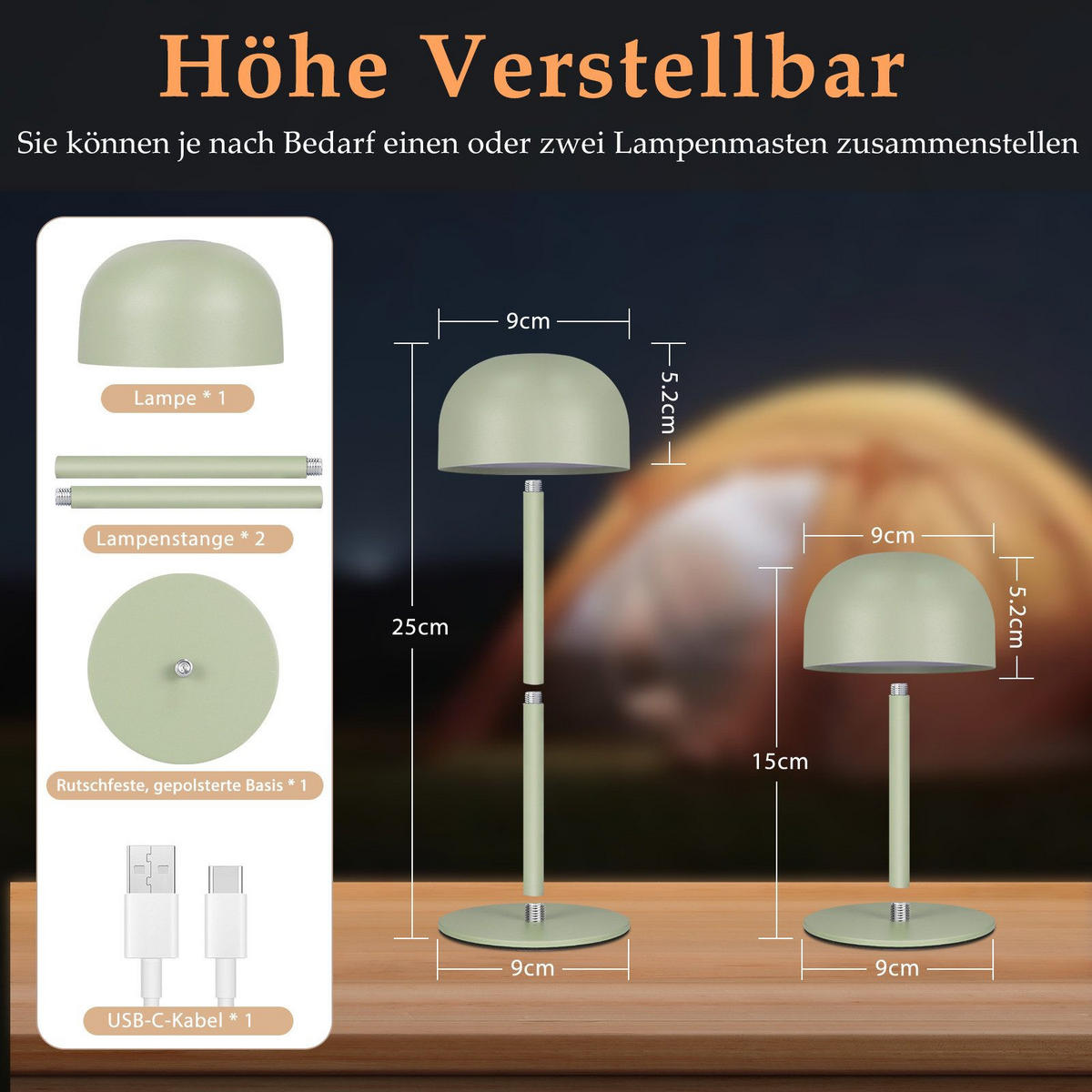 STOLNÍ LED lampa Abberger 9/9/25 cm (sada 2 ks) - zelená barva, kov (9/9/25cm) - Nettlife