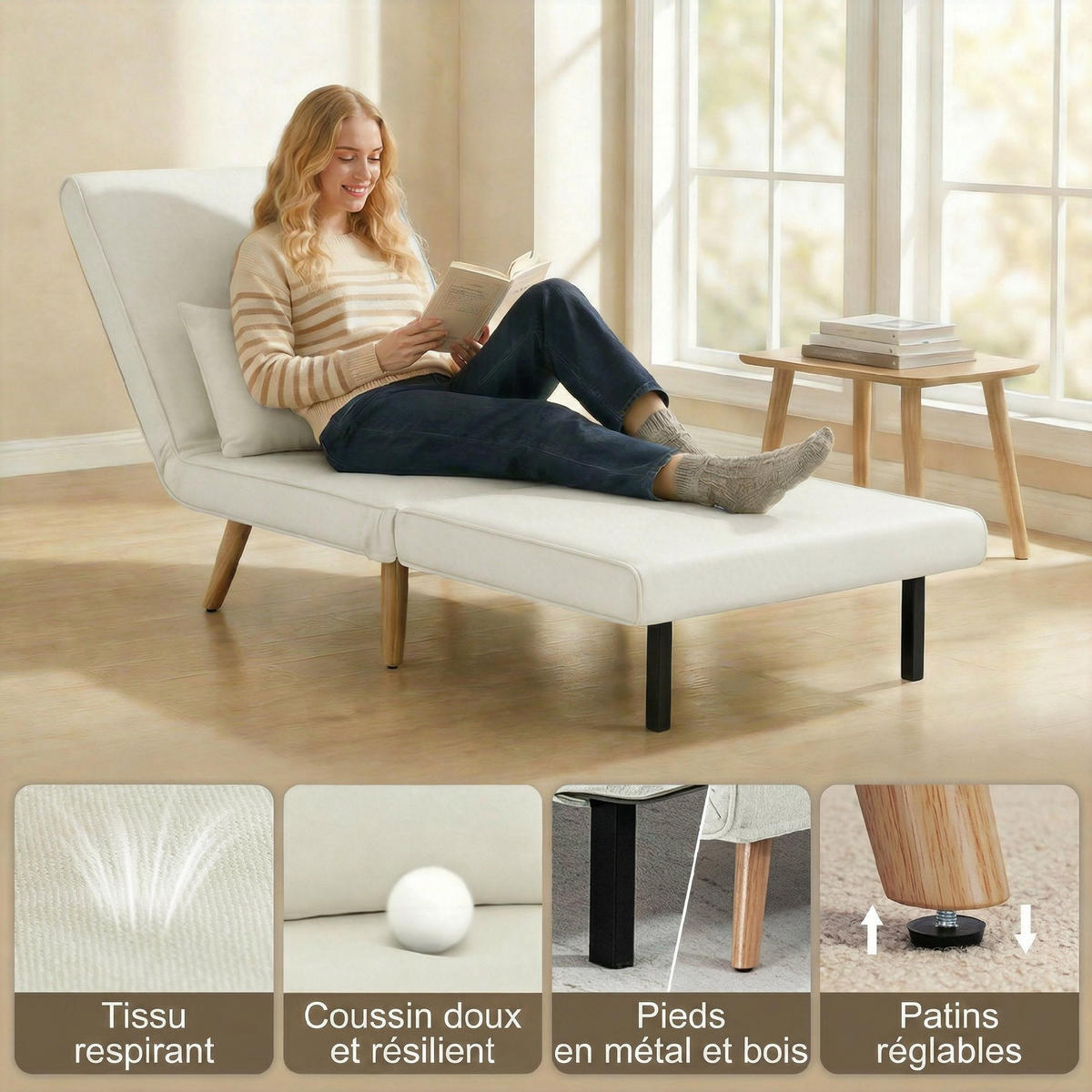 SCHLAFSESSEL 3-in-1 DE-14675 5-stufig verstellbar mit Kissen Creme - Creme, Textil (72/85/75cm) - ComfortXL