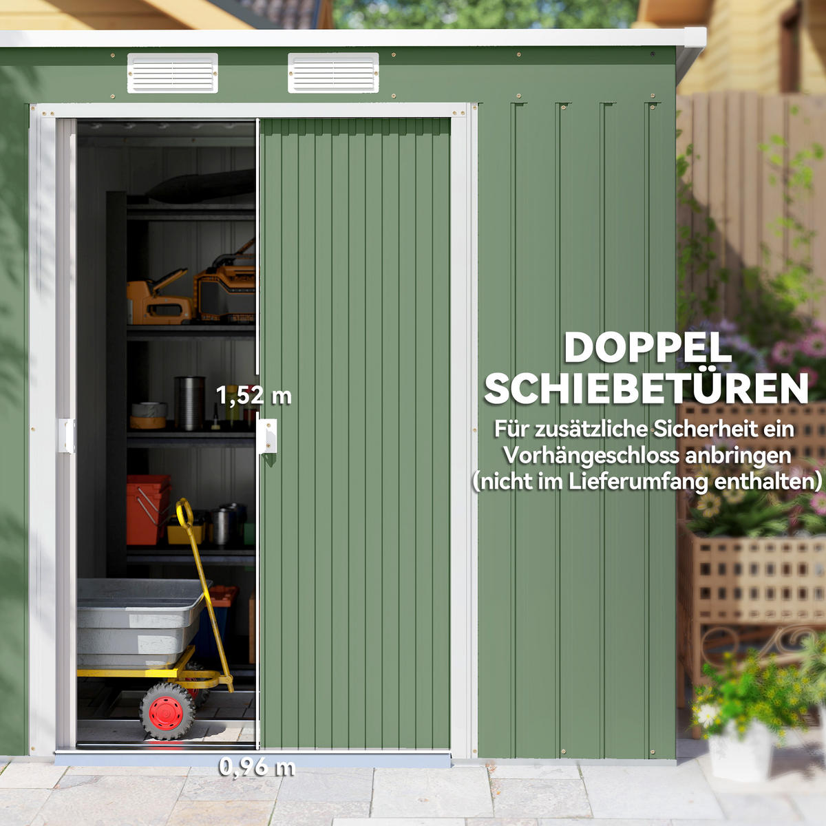 GERÄTEHAUS 2,42 m², Gartenhaus mit Lüftungsfenster, Schiebetür, Fundament Grün - Grün, Metall (130/172/213cm) - Outsunny
