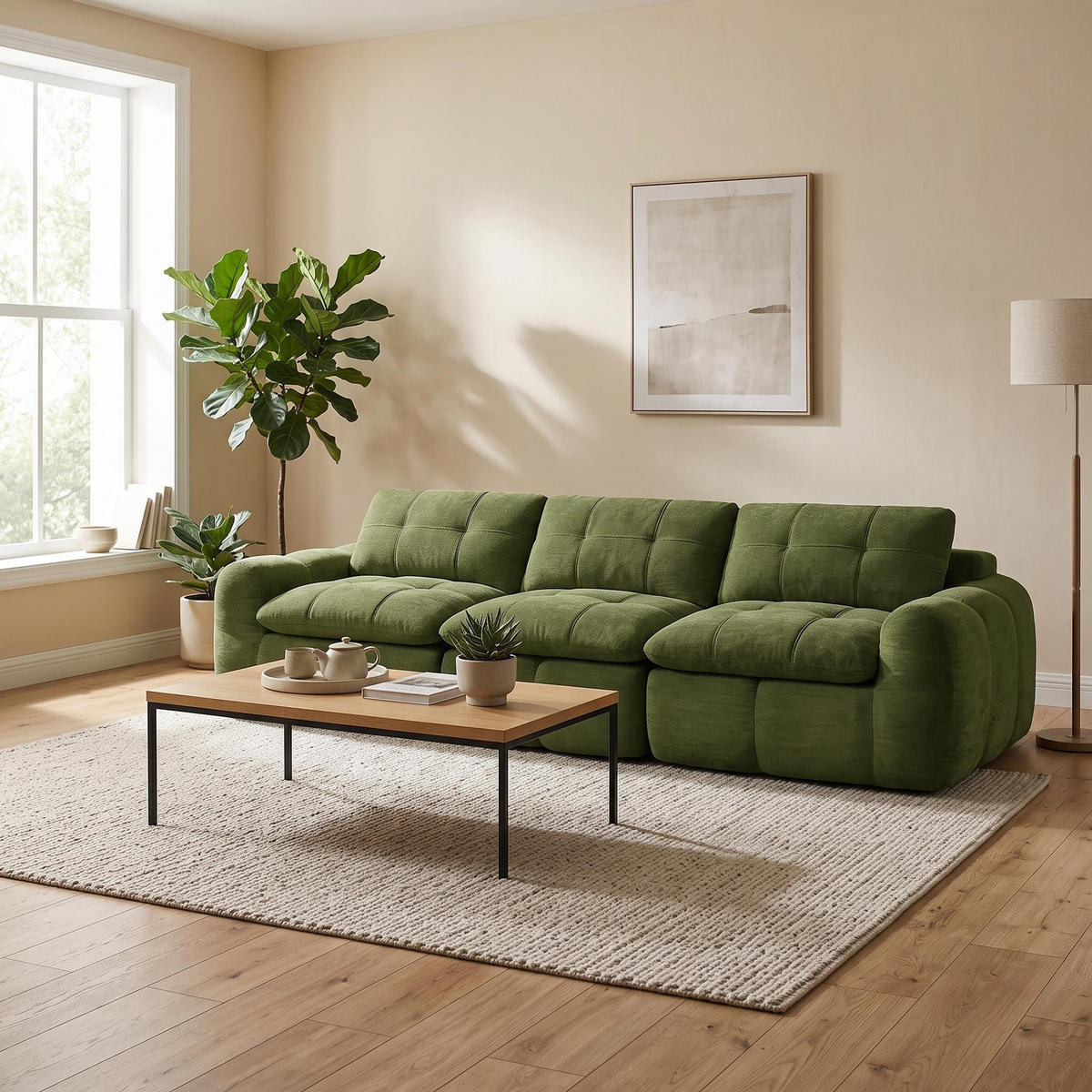 3-SITS SOFFA Modulär chenille rutsteppad grön - Grön, Textil (264/68/97cm) - Urban Meuble