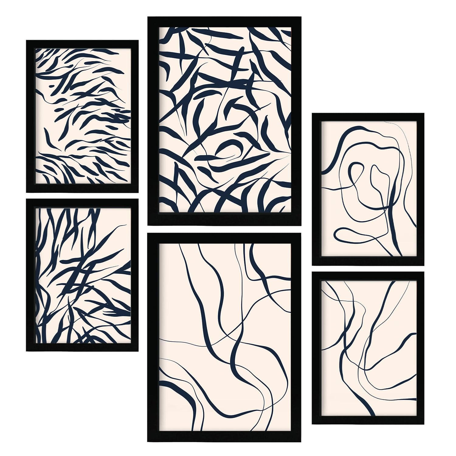 POSTER Set Mit 6 Formabstrakte Ästhetische Dekobilder Für Ihr Wohnzimmer, Schlafzimmer Oder Zuhause A3 & A4 Schwarzer Rahmen - Schwarz, Papier (29/3cm) - Nacnic