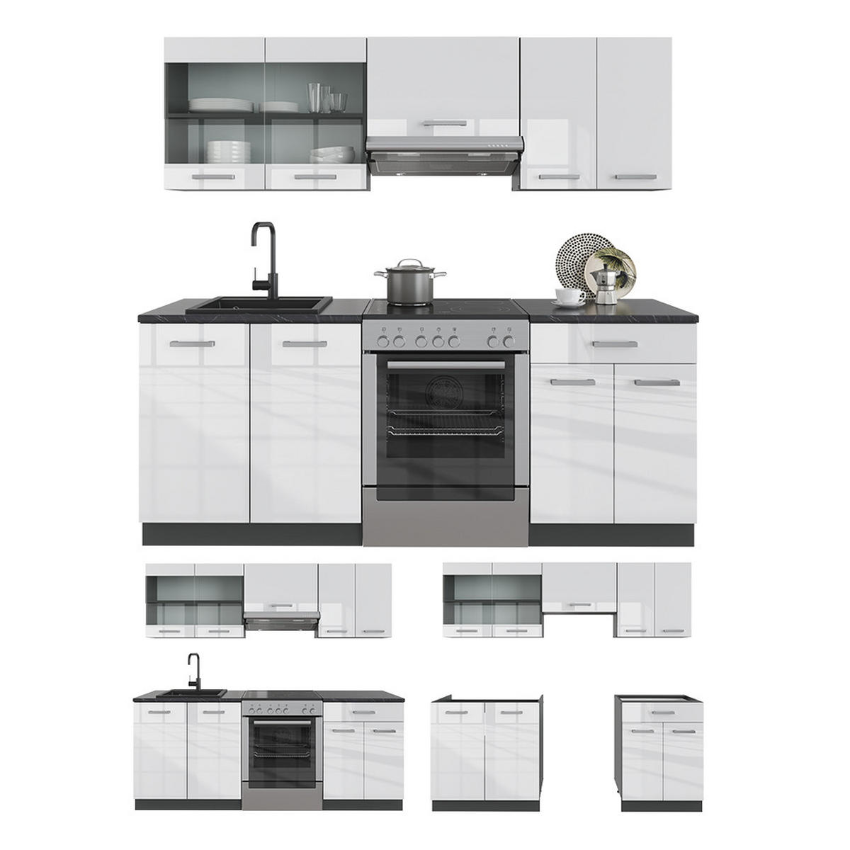 KÜCHE R-Line Weiß Hochglanz/Anthrazit 200 cm ohne AP - Weiß Hochglanz/Anthrazit, Holzwerkstoff (200/81.6/46cm) - Vicco